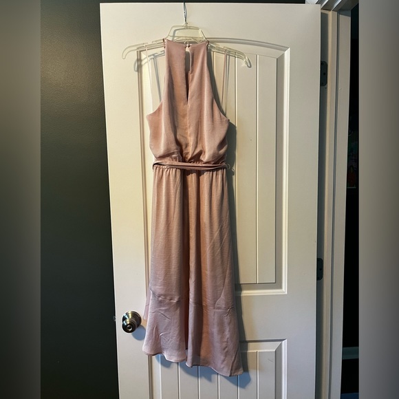 Express High Neck Asymmetrical Fit And Flare blush dress size medium - Picture 2 of 5